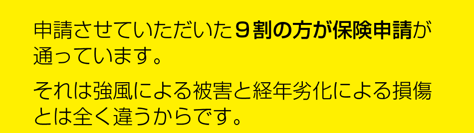 申請させていただいた９割の方が保険申請が通っています。それは強風による被害と経年劣化による損傷とは全く違うからです。