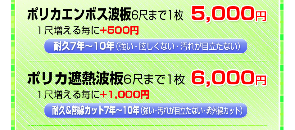 ポリカ遮熱波板6尺まで1枚6,000円　1尺増える毎に+1,000円・耐久＆熱線カット7年〜10年（強い・汚れが目立たない・紫外線カット）ポリカエンボス波板6尺まで1枚5,000円　1尺増える毎に+500円耐久7年〜10年（強い・眩しくない・汚れが目立たない）