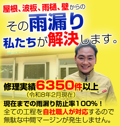 屋根、波板、雨樋、壁からのその雨漏り私たちが解決します。修理実績6350件以上