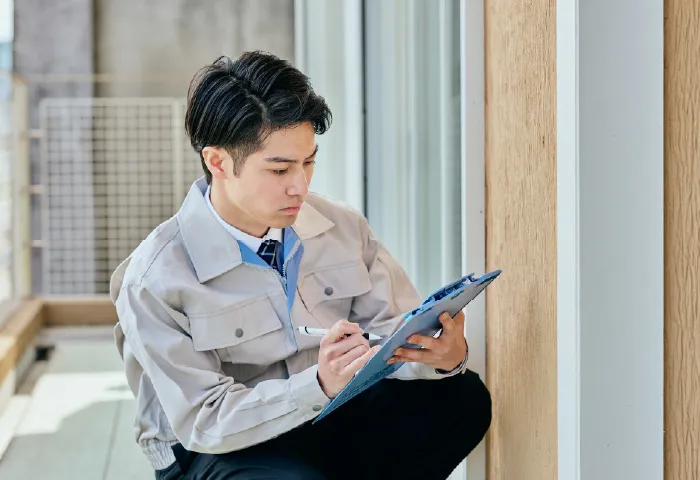 現場でクリップボードに記録するスタッフ