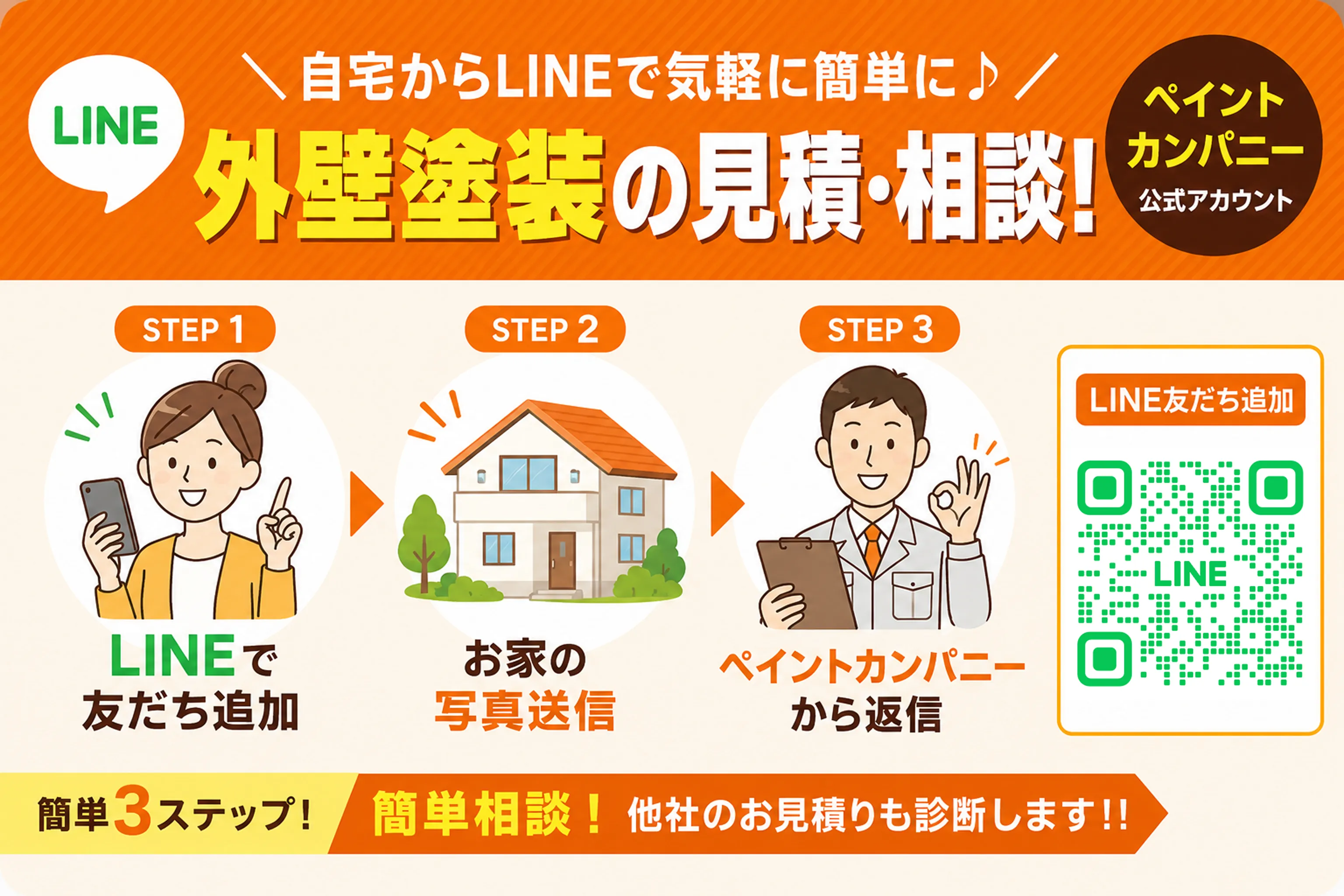 自宅からLINEで気軽に外壁塗装の見積・相談 簡単3ステップ