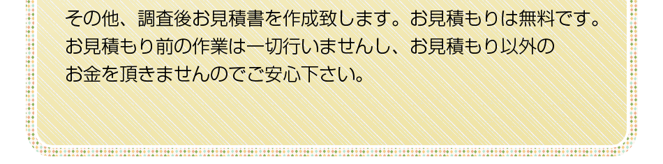 その他、調査後お見積書を作成致します。お見積もりは無料です。お見積もり前の作業は一切行いませんし、お見積もり以外のお金を頂きませんのでご安心下さい。